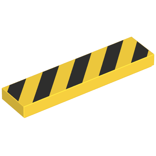 LEGO 2431p52 Tile 1x4, yellow with black diagonal danger stripes pattern, featuring black corners.