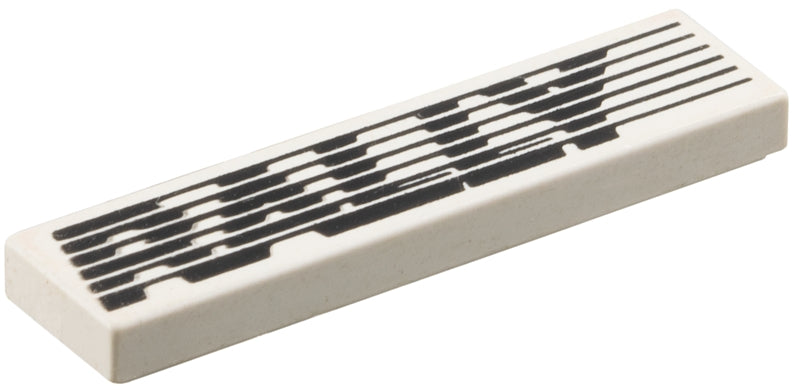 White LEGO 2431pb0004 1x4 tile with black 'RALLY' and streaks pattern printed on top.