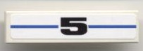 White LEGO 1x4 tile with a black number '5' centered on a horizontal blue line, part of a sticker pattern.