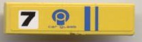 Yellow LEGO 1x4 tile with a black '7', a blue 'CAR GLASS' logo and text, and two blue stripes.
