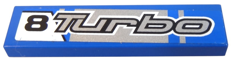 Blue LEGO 1x4 tile with a sticker featuring a black '8' and gray 'TURBO' text on a silver background.