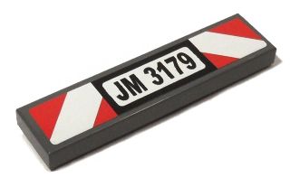 Dark gray LEGO 1x4 tile with 'JM 3179' in black and white, flanked by red and white danger stripes.