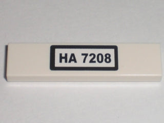 An off-white LEGO 1x4 tile with a black 'HA 7208' pattern in a black rectangular border.