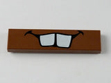 LEGO 2431pb0160 brown 1x4 tile featuring a white buck teeth pattern with a black outline.
