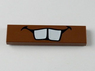 LEGO 2431pb0160 brown 1x4 tile featuring a white buck teeth pattern with a black outline.