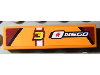 Orange LEGO 1x4 tile with a number 3 in a red and white box, and 'NEGO' with a red star logo, plus dark red stripes.