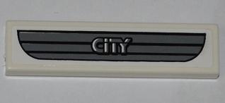 White LEGO 1x4 tile featuring a dark gray car grille with 'CITY' text sticker pattern.