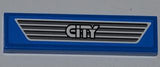 Blue LEGO 1x4 tile with 'CITY' logo on a dark gray car grille pattern, part 2431pb0259 from set 4440.