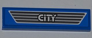 Blue LEGO 1x4 tile with 'CITY' logo on a dark gray car grille pattern, part 2431pb0259 from set 4440.