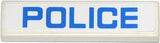LEGO 1x4 tile with blue 'POLICE' text on a white background, part 2431pb0335 for sets 60042 and 60044.