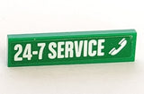 Green LEGO 1x4 tile with white '24-7 SERVICE' text and phone receiver icon pattern.