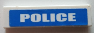 White LEGO 1x4 tile with 'POLICE' in white capital letters on a blue sticker background.