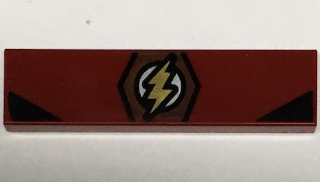 A dark red LEGO 1x4 tile featuring a central hexagonal Flash logo with a yellow lightning bolt, flanked by black angled designs.