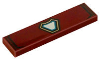 Dark red LEGO 1x4 tile with black angled lines and a dark azure, gold, and white shield/arc reactor pattern.