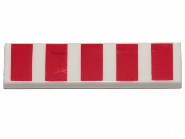LEGO 1x4 white tile with 5 red vertical stripes pattern.