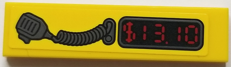 Yellow LEGO 1x4 tile with a sticker featuring a radio microphone, coiled cable, and a red digital display showing '$13.10' as a taxi fare.