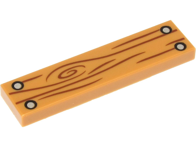 A tan LEGO 1x4 tile featuring a wood grain pattern with a swirl and lines, and four silver nail prints.