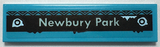LEGO 1x4 light aqua tile with 'Newbury Park' text in light aqua on a black background, featuring ghost figures and a triangular border.