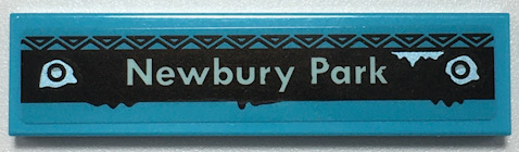 LEGO 1x4 light aqua tile with 'Newbury Park' text in light aqua on a black background, featuring ghost figures and a triangular border.