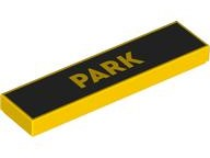 LEGO 2431pb0876 Tile 1 x 4 with 'PARK' printed in yellow on a black background, on a yellow base.