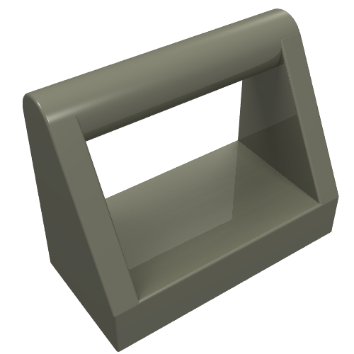 Dark grey LEGO 2432 Modified 1x2 Tile with Bar Handle. A rectangular base with two sloped uprights supporting a round bar.