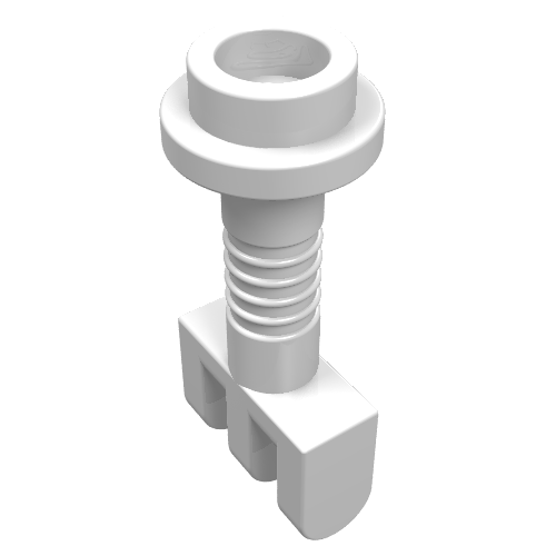 A white LEGO Hinge Bar with 3 Fingers and End Stud (Control Lever) part 2433, shown from an angle.