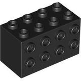 Black LEGO Brick 2434, modified 2x4x2, featuring studs on its top surface and along one vertical side.