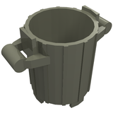 A dark grey LEGO 2439 Container, Trash Can with 2 Cover Holders, viewed from an elevated angle, showing its ribbed sides.