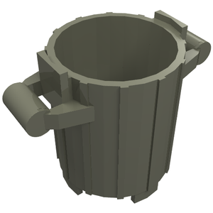 A dark grey LEGO 2439 Container, Trash Can with 2 Cover Holders, viewed from an elevated angle, showing its ribbed sides.