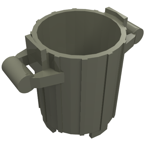 A dark grey LEGO 2439 Container, Trash Can with 2 Cover Holders, viewed from an elevated angle, showing its ribbed sides.