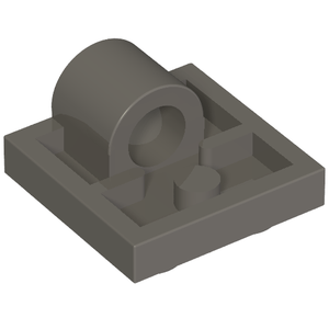Dark gray LEGO 2444 Plate, Modified 2 x 2 with Pin Hole. Underside shows recessed areas and a stud.