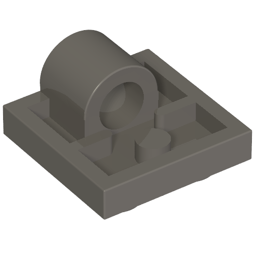 Dark gray LEGO 2444 Plate, Modified 2 x 2 with Pin Hole. Underside shows recessed areas and a stud.