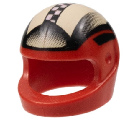 Red LEGO minifigure motorcycle helmet with tan top, black and white checkered stripe, and black fade pattern.