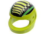 LEGO minifigure motorcycle helmet in lime green with black, green stripes, and checkered pattern.