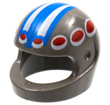Dark grey LEGO motorcycle helmet with a thick blue stripe and white stripes on top, flanked by red circles with white outlines.