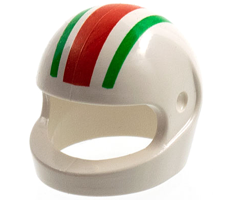 White LEGO minifigure motorcycle helmet with red and green stripes pattern on top.