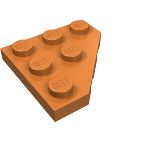 Orange LEGO 2450 Wedge, Plate 3 x 3 Cut Corner with six studs, shown from an elevated angle.