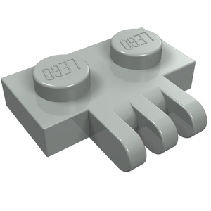 Light gray LEGO Hinge Plate 1 x 2 with three fingers on the side, seen from an angle on a white background.