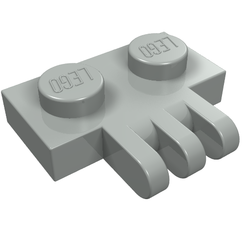 Light gray LEGO Hinge Plate 1 x 2 with three fingers on the side, seen from an angle on a white background.
