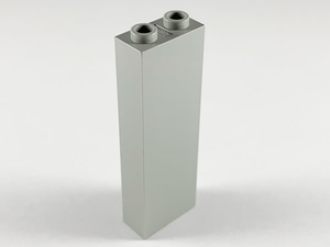 A single, light gray LEGO brick 1x2x5 standing upright on a white background, showing its two studs on top.