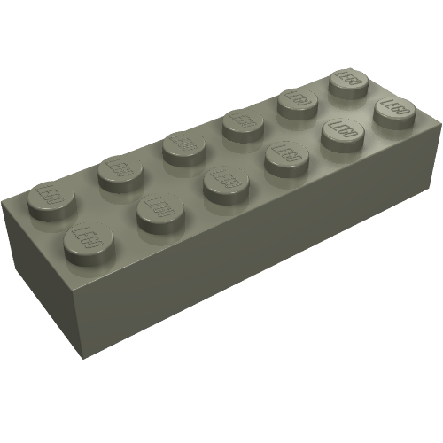 A single, light gray LEGO Brick 2x6, viewed from an angle. The LEGO logo is embossed on each of its twelve studs.