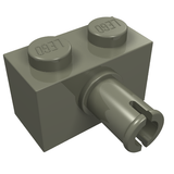 Grey LEGO 1x2 modified brick with two studs on top and a pin with a split end extending from the side.