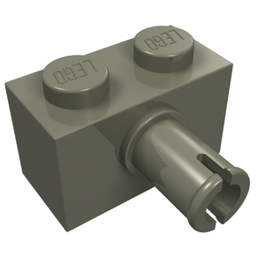 Grey LEGO 1x2 modified brick with two studs on top and a pin with a split end extending from the side.