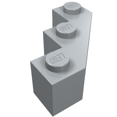 Light gray LEGO 2462 Brick, Modified Facet 3 x 3, featuring three studs on top arranged diagonally.