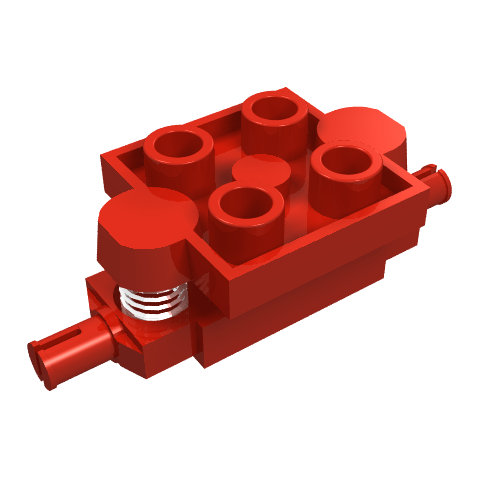 Red LEGO 2484c01 Vehicle, Spring Wheels Holder 2 x 2 with studs, spring mechanism, and pin connectors.