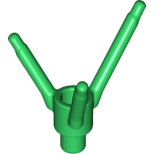 Green LEGO 24855 Plant Flower Stem with Bar Holder, Bar, and 3 Stems. Two long angled stems, one short central stem.