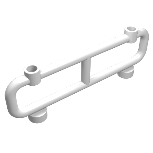 A white LEGO Bar 1 x 8 x 2 piece, featuring two curved rails, a central support, and attachment points on top and bottom.