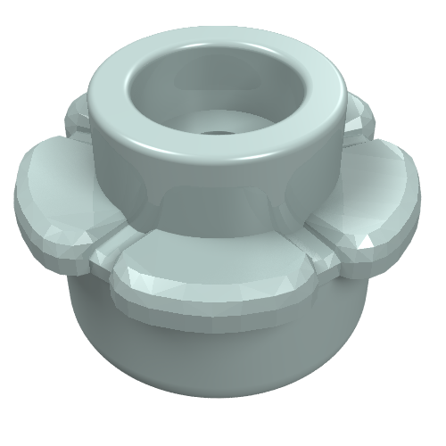 Light grey LEGO 24866 Plate, Round 1 x 1 with Flower Edge (5 Petals) viewed from above, slightly angled.