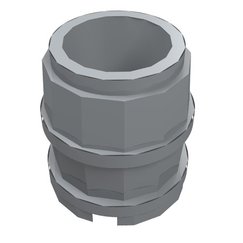 A grey LEGO 2489 Container, Barrel 2 x 2 x 2, featuring a hexagonal middle section and open top.