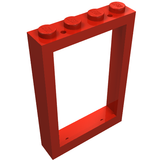 Red LEGO Window 1 x 4 x 5 frame with four solid LEGO studs on top bar and two anti-studs on bottom bar.